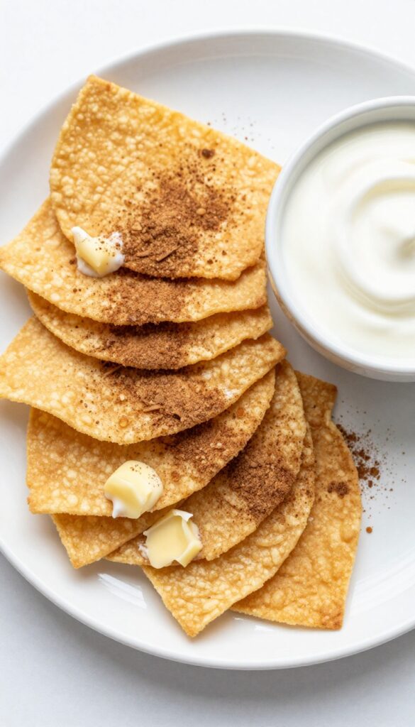 Cinnamon sugar tortilla crisps on a plate with a side of vanilla yogurt dip.