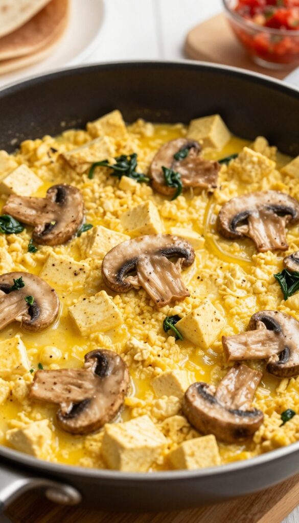 Savory tofu scramble with spinach and mushrooms in a skillet, served with tortillas and salsa.