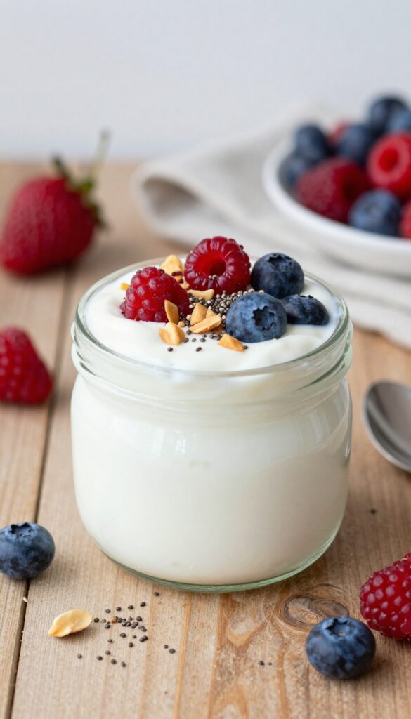 Greek yogurt parfait with berries and nuts in a glass jar