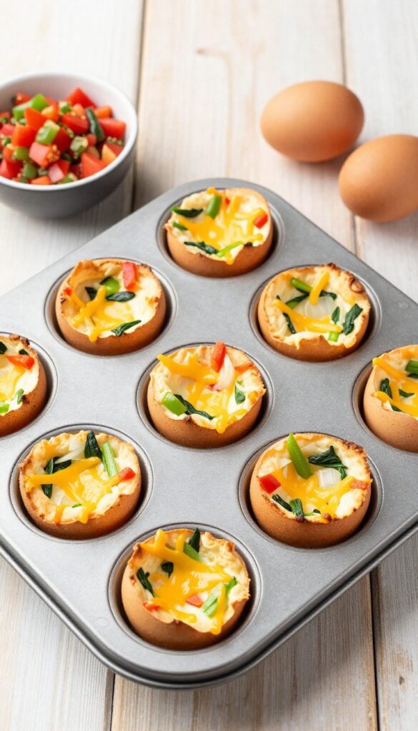 Make-ahead egg muffin cups with veggies and cheese in a muffin tin, with salsa on the side.