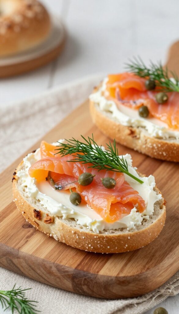 Keto bagel with cream cheese and smoked salmon on a wooden board