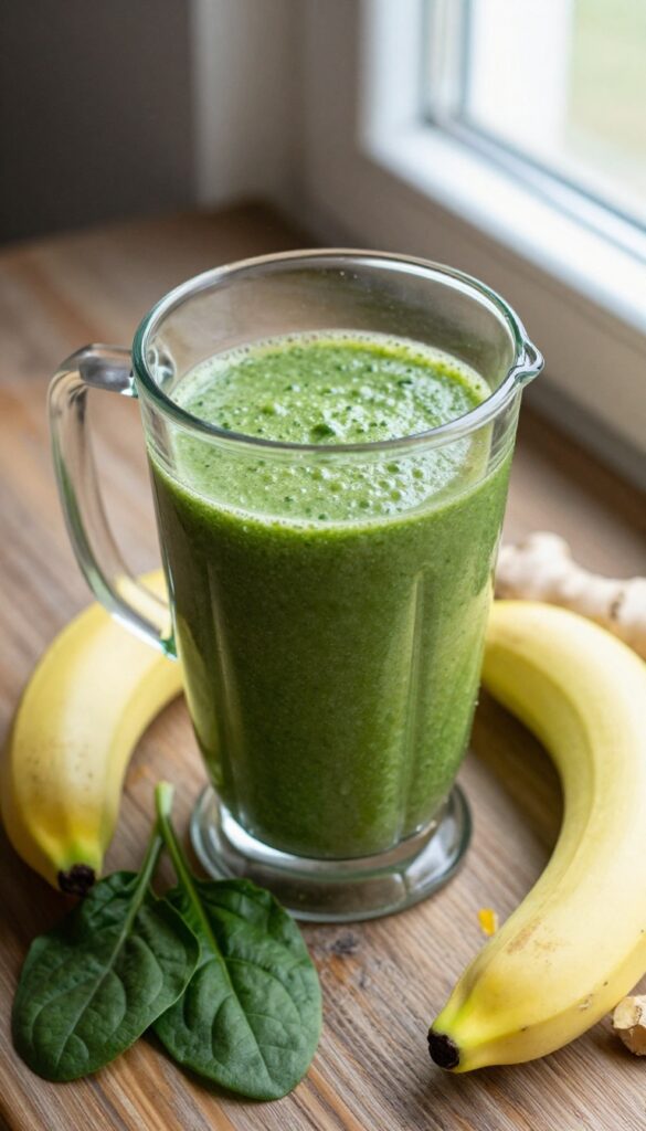 Green smoothie ingredients and blended drink on wooden table