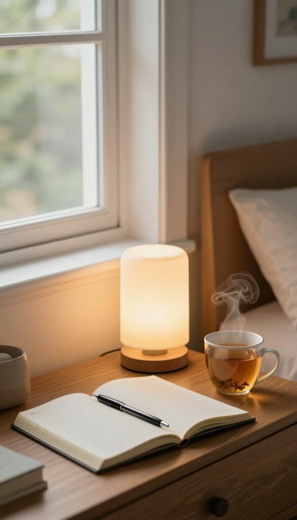 Evening reflection ritual with journal, pen, and tea on a nightstand in a cozy bedroom