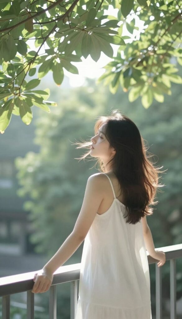 Person stepping outside for fresh air, facing sunlight, peaceful outdoor scene