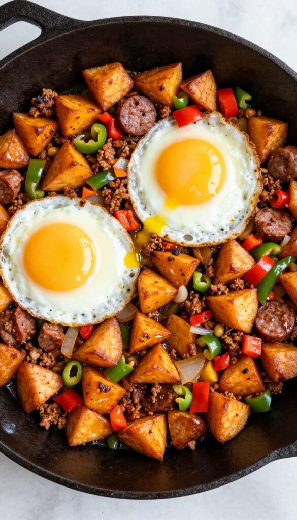 Sausage and sweet potato breakfast hash in a skillet with a fried egg on top