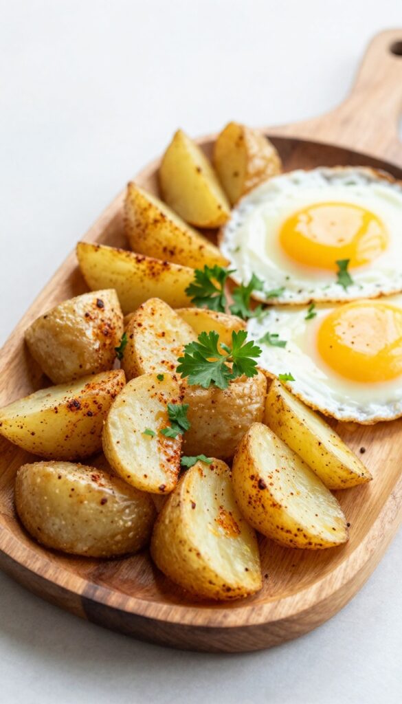 Garlic butter potato wedges with fried eggs and parsley on a wooden plate.