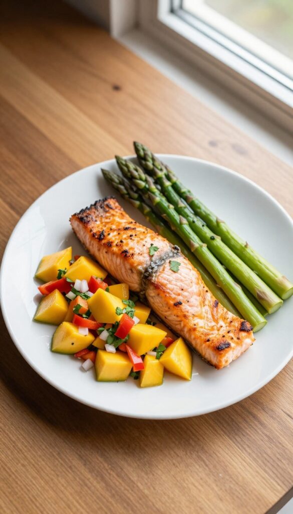Grilled salmon fillet topped with fresh mango salsa and a side of steamed asparagus on a white plate