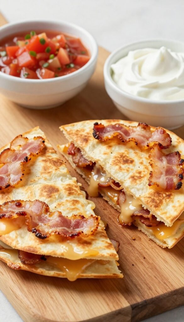 Crispy bacon and cheese quesadilla wedges on a cutting board with salsa and yogurt dip