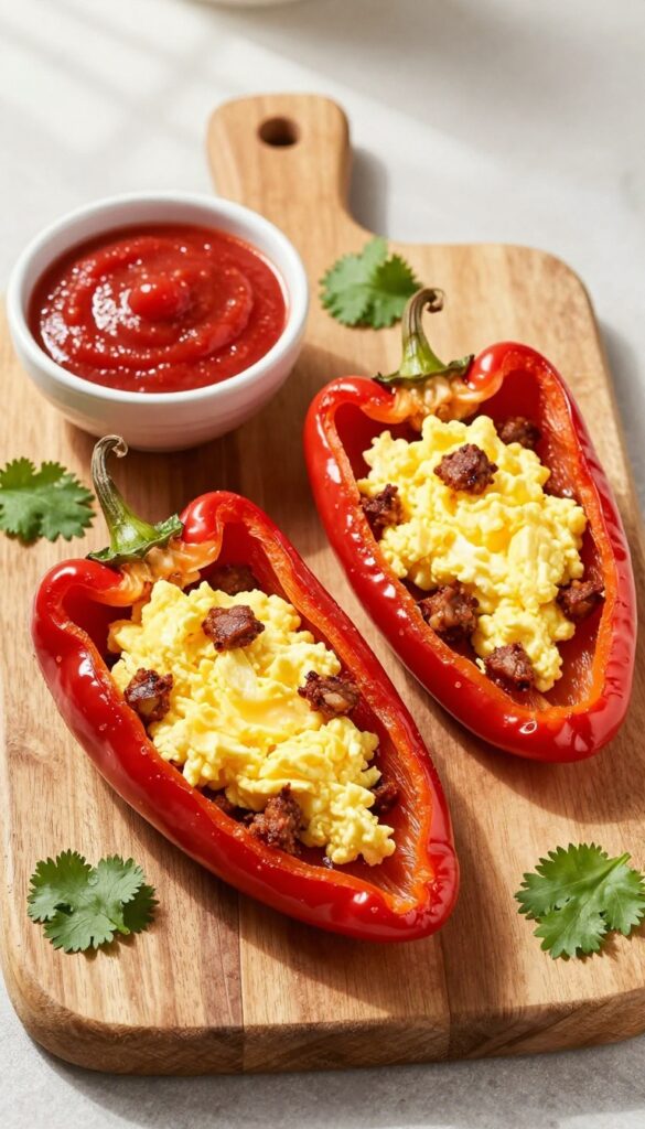 Stuffed poblano peppers with chorizo and eggs on a wooden board, served with tomato sauce and cilantro