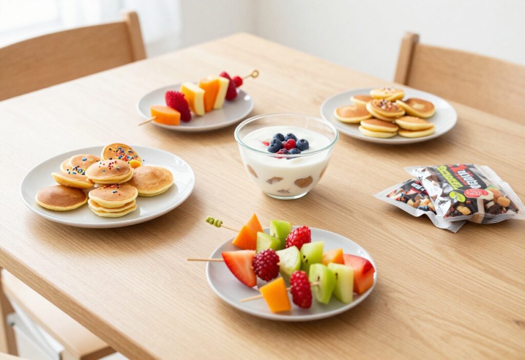 Assorted colorful school breakfast ideas on a wooden table, including pancake bites, fruit skewers, yogurt parfait, and trail mix.