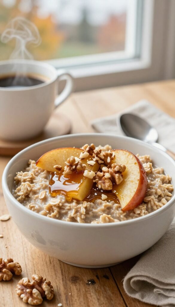 Warm cinnamon apple oatmeal bowl with maple syrup and walnuts on a rustic table in a cozy breakfast nook