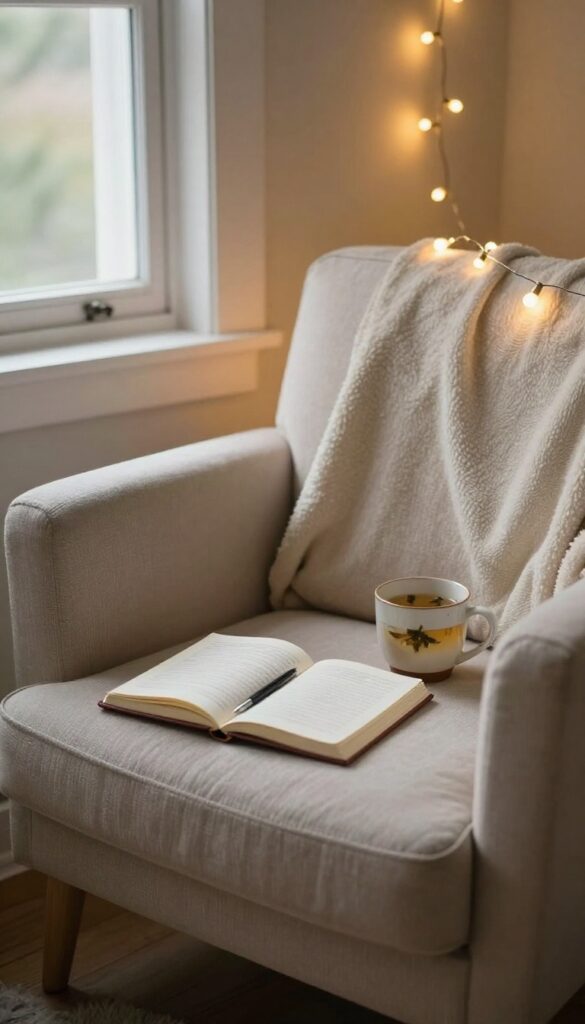 A serene bedroom with a journal and tea on a nightstand, soft lamp light, no electronics, cozy and relaxing atmosphere.