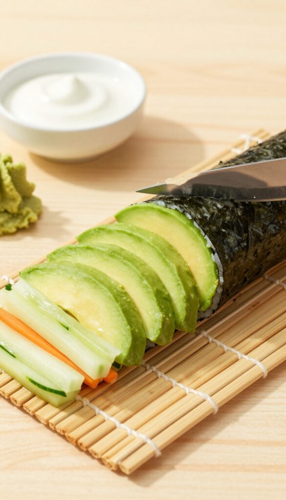 Slicing a nori roll filled with avocado, cucumber, and carrot on a bamboo mat with coconut aminos and wasabi