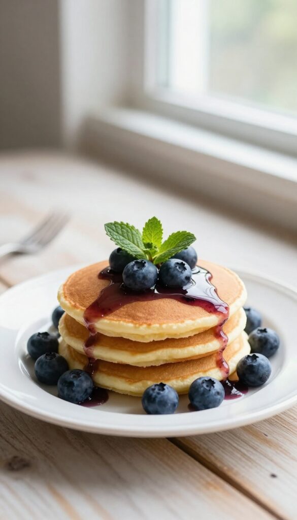 Stack of lemon ricotta pancakes with blueberry sauce