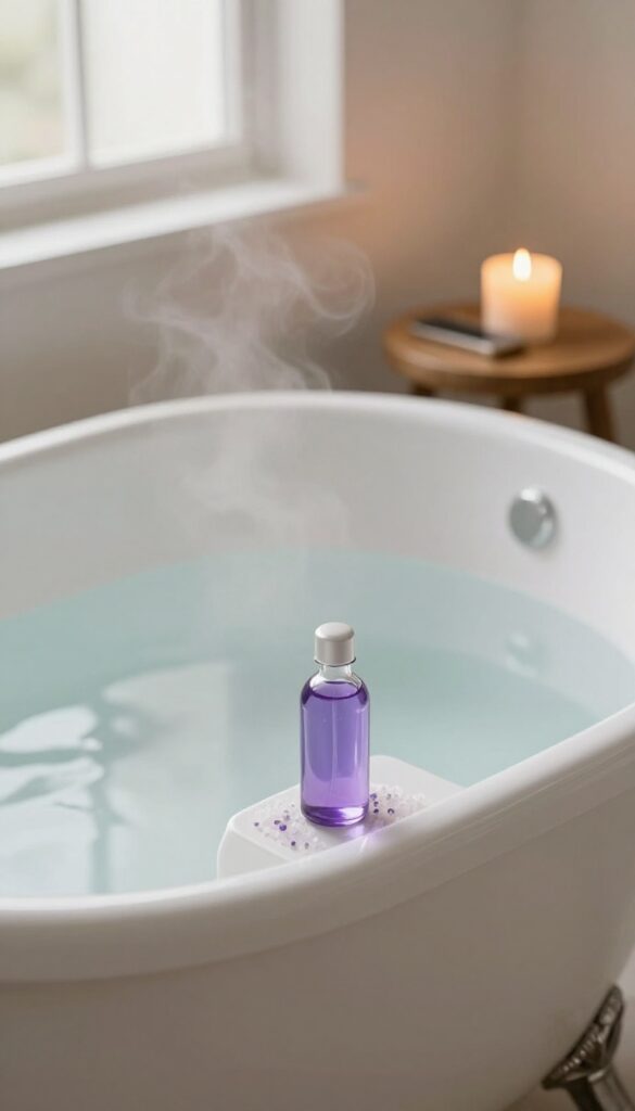 Peaceful warm bath with lavender oil and candlelight