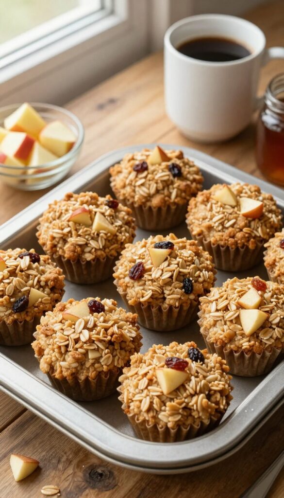 Baked apple cinnamon oatmeal cups in a muffin tin on a wooden table with coffee and ingredients nearby.