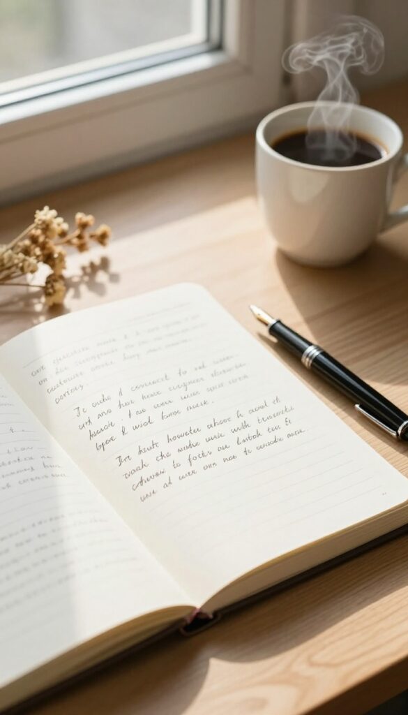 A person writing in a gratitude journal on a wooden desk with coffee and dried flowers, soft natural light.