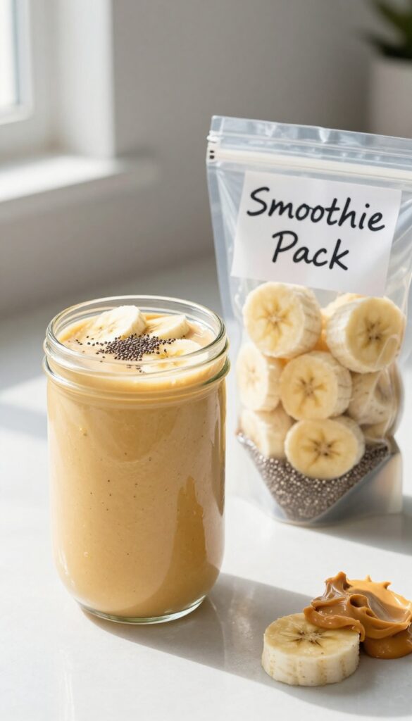 Peanut butter banana smoothie in a blender with a freezer bag of pre-portioned ingredients on a sunlit kitchen counter.