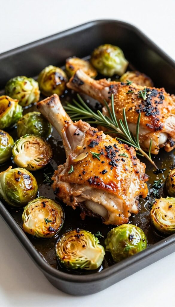 Roasted chicken thighs and Brussels sprouts on a baking sheet