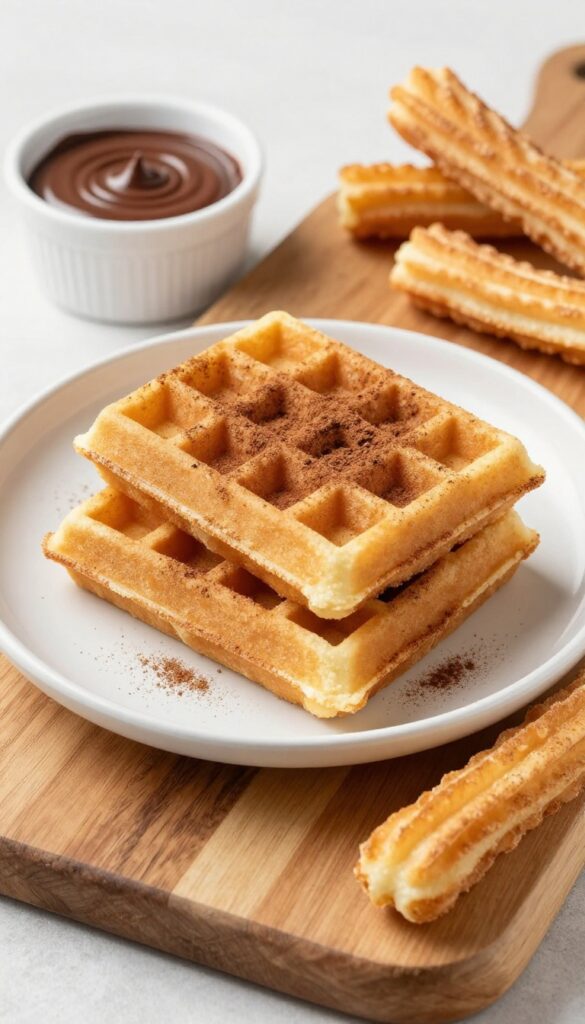 Cinnamon sugar churro waffles with chocolate dipping sauce