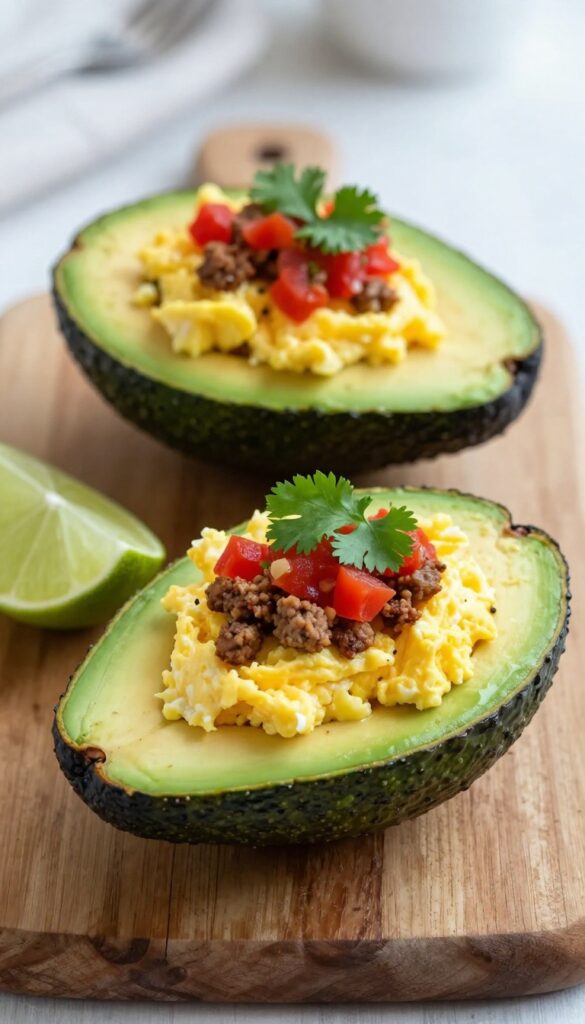 Egg and sausage stuffed avocado halves on a wooden board with salsa and cilantro.