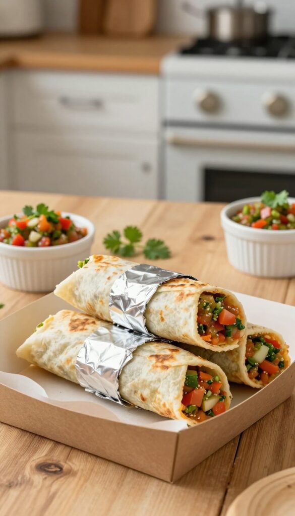 A gift box with foil-wrapped chorizo breakfast burritos, salsa verde, and cilantro on a wooden table.