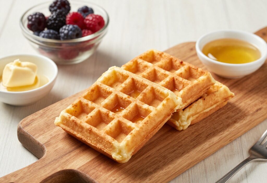Golden crispy waffle on wooden board with bowls of berries, syrup, and butter