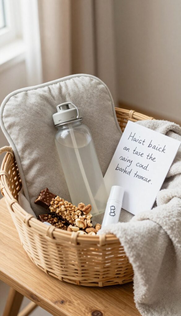 Self care gift basket for new parents or caregivers with soothing essentials and snacks