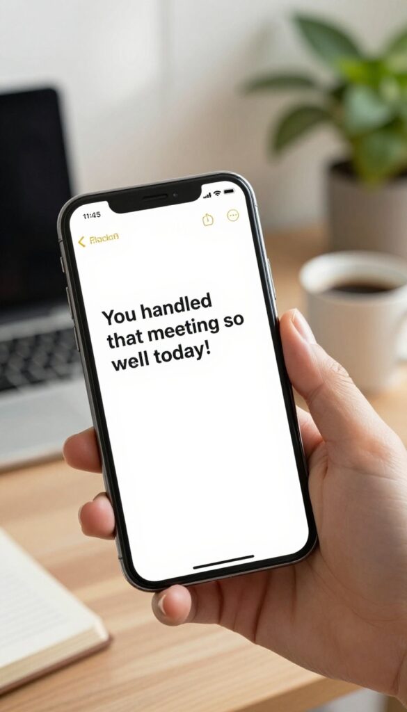 Person sending a compliment text on smartphone in bright home office
