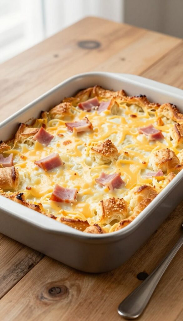 Golden ham and cheese croissant casserole in a baking dish, crispy top, rustic table setting.