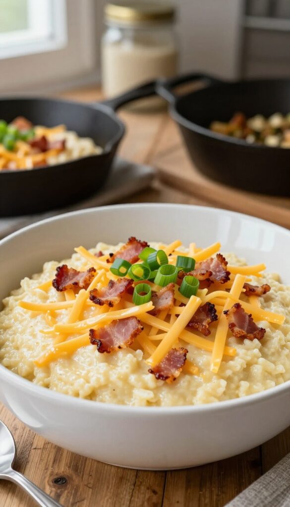 Creamy cheese grits topped with crispy bacon and green onions in a white bowl on a wooden table.