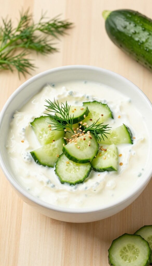 Cottage cheese and cucumber dill bowl with cucumber slices and sesame seeds