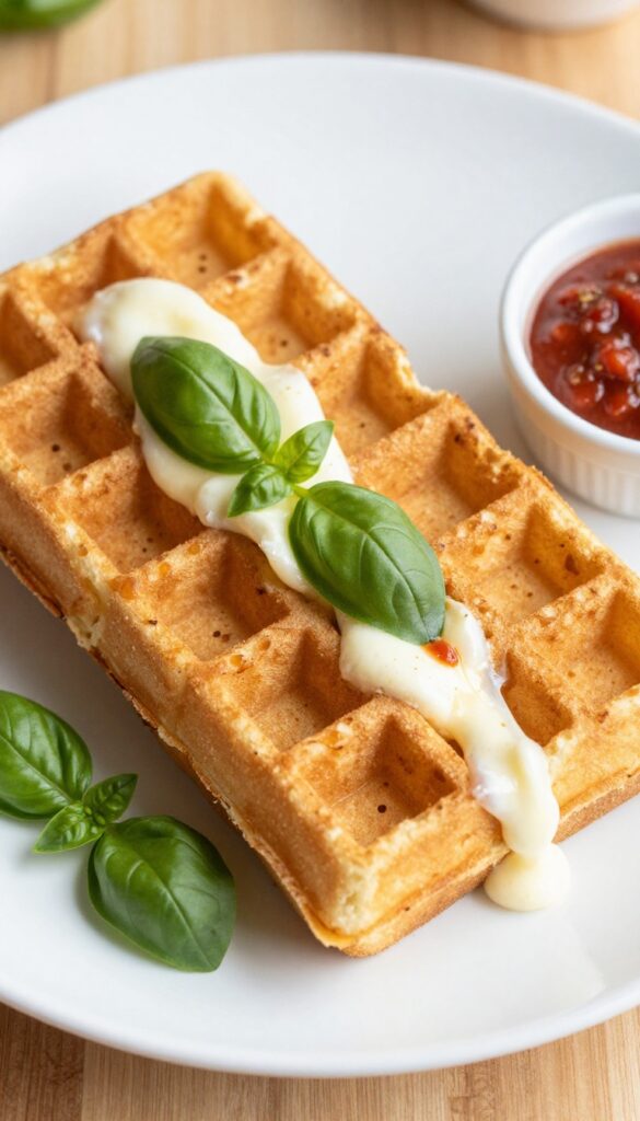 Pesto and Mozzarella Waffle Melts with marinara dipping sauce