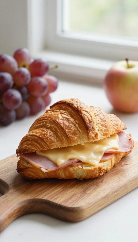 Ham and cheese croissant sandwich on a wooden board with grapes and apple