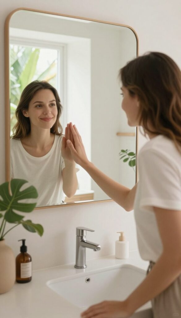 Woman saying affirmation to herself in mirror