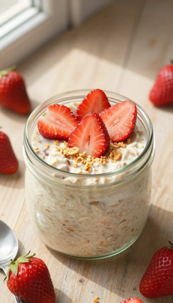 Strawberry cheesecake overnight oats in a jar with fresh strawberries and graham cracker crumble on a wooden table.