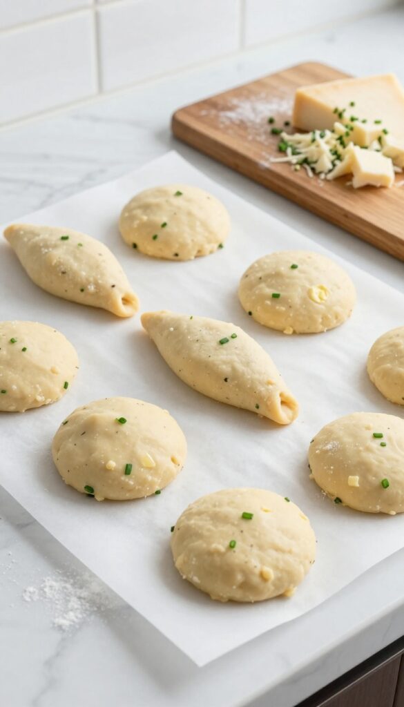 Unbaked cheese and herb scones on a baking sheet with Gruyère and chives on a wooden board.