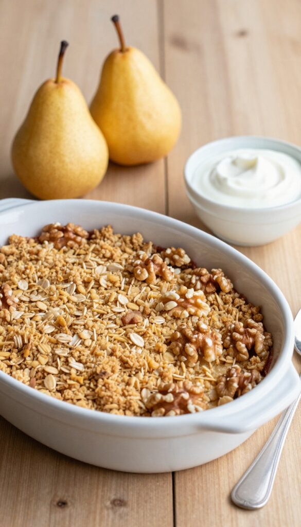 Pear and walnut crumble with yogurt in a baking dish on a wooden table