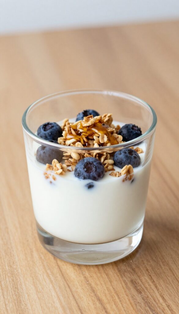 Greek yogurt parfait with berries and granola in a glass