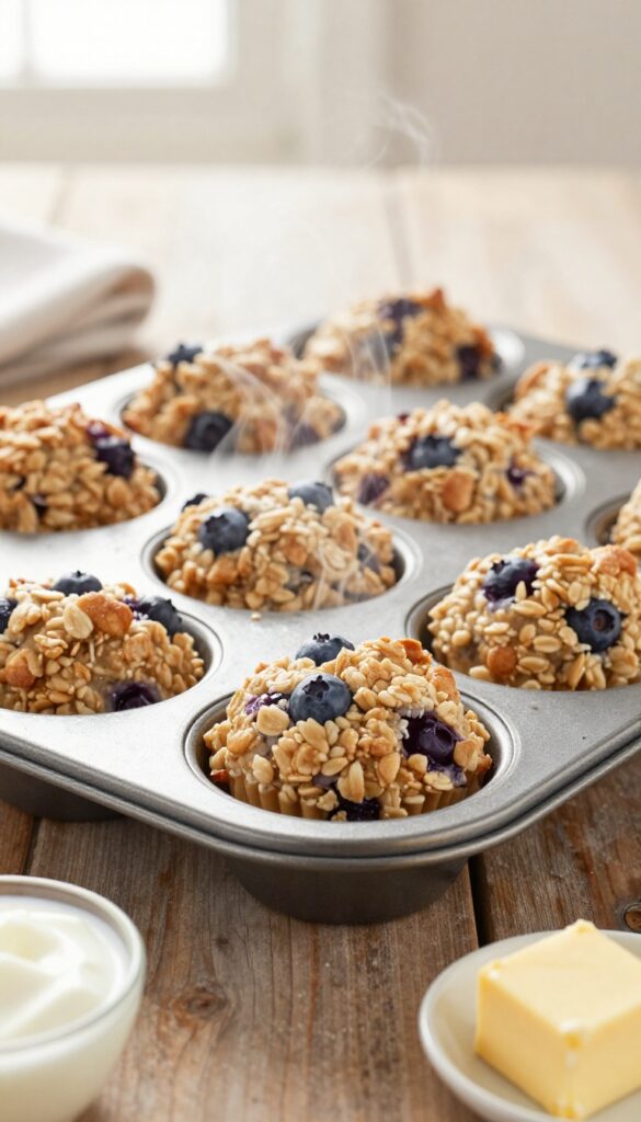 Blueberry oatmeal baked cups in a muffin tin with steam rising, served with yogurt and butter on a wooden table.