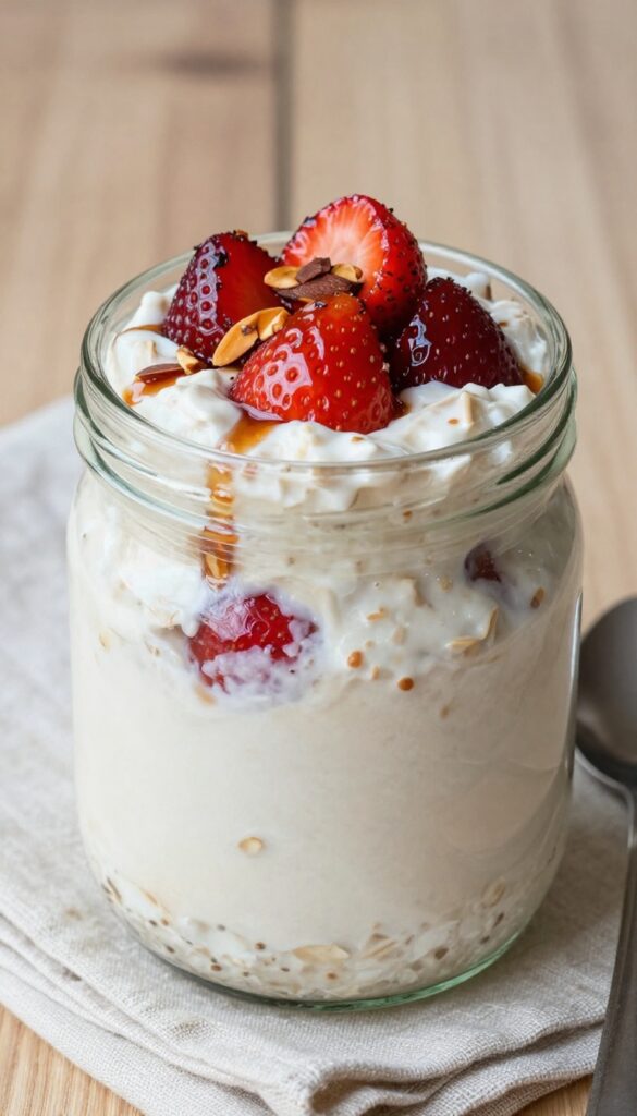 Creamy overnight oats in a glass jar topped with roasted strawberries and toasted almonds, on a wooden table.