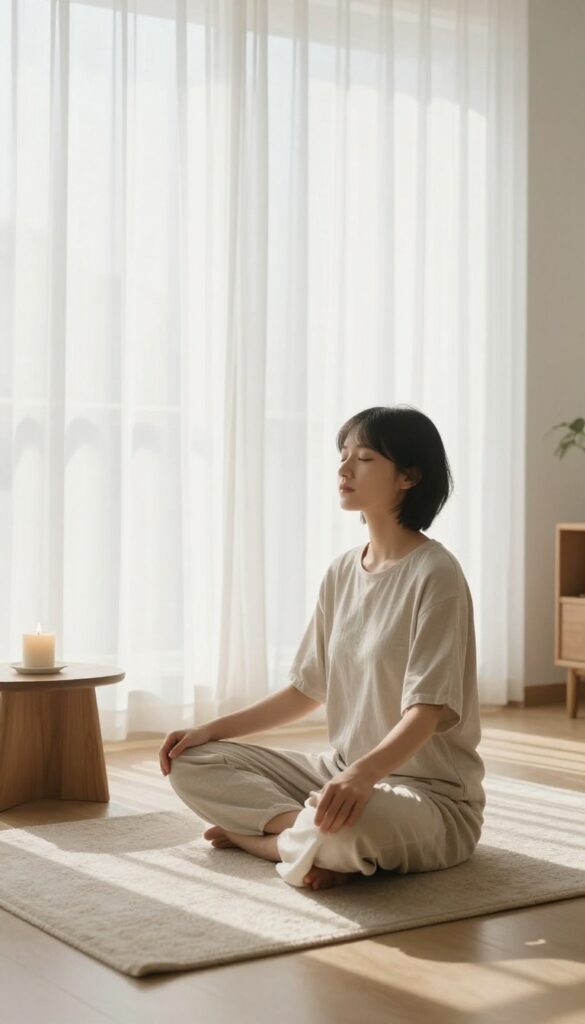 Person meditating with deep breaths in a calm, sunlit room