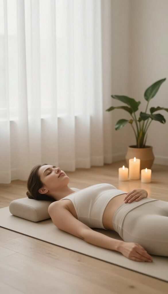 Woman lying on yoga mat doing body scan meditation in calm bedroom
