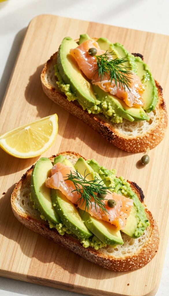 Avocado toast with smoked salmon and dill on sourdough bread.