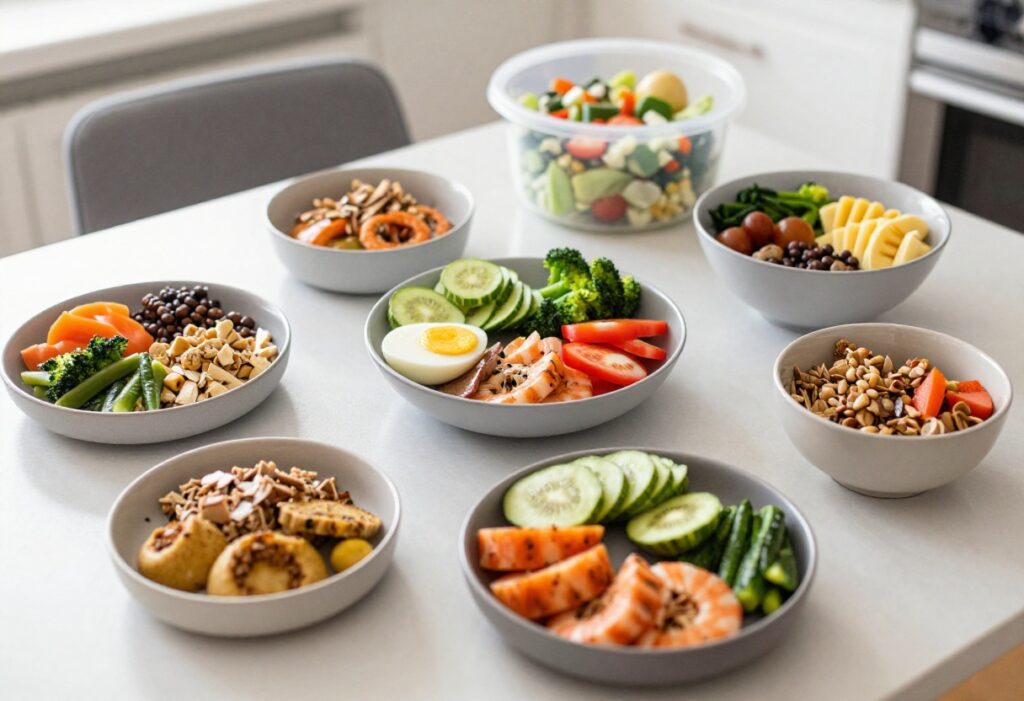 Meal prep containers with high-protein foods on a kitchen counter
