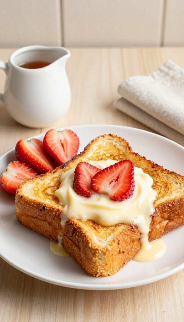 Strawberry cream cheese stuffed French toast on a plate with fresh strawberries and maple syrup