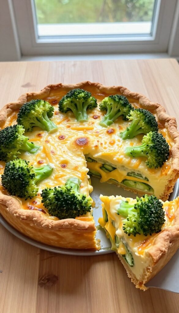 Broccoli and cheddar quiche casserole in a baking dish, golden and puffy, with a slice removed revealing the custard and broccoli.