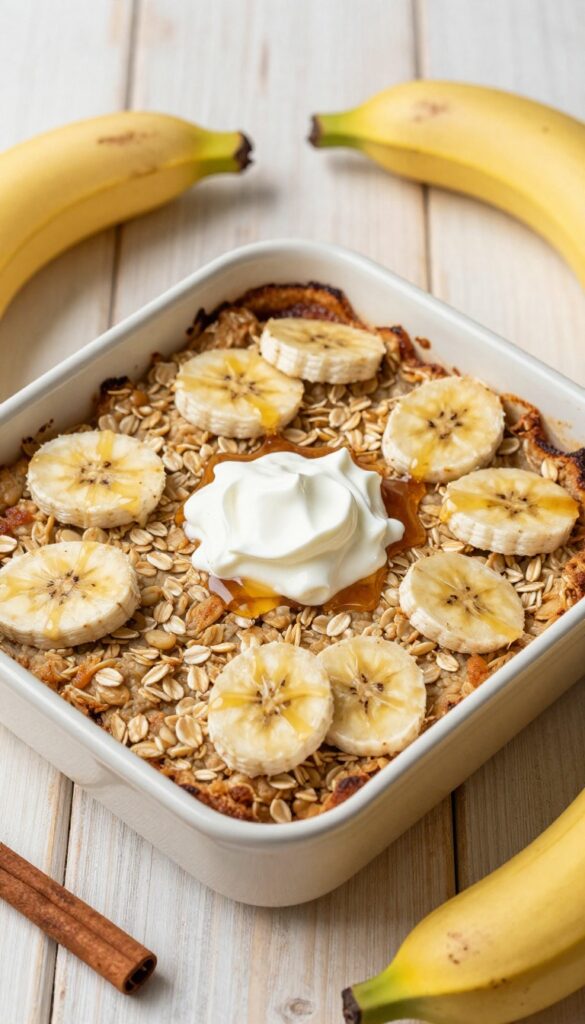 Golden banana baked oatmeal squares with yogurt and maple syrup in a baking dish on a wooden table.