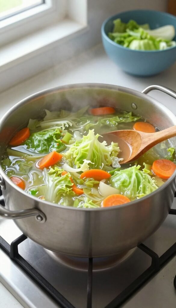 Classic cabbage soup simmering in a pot on a stove with fresh vegetables nearby