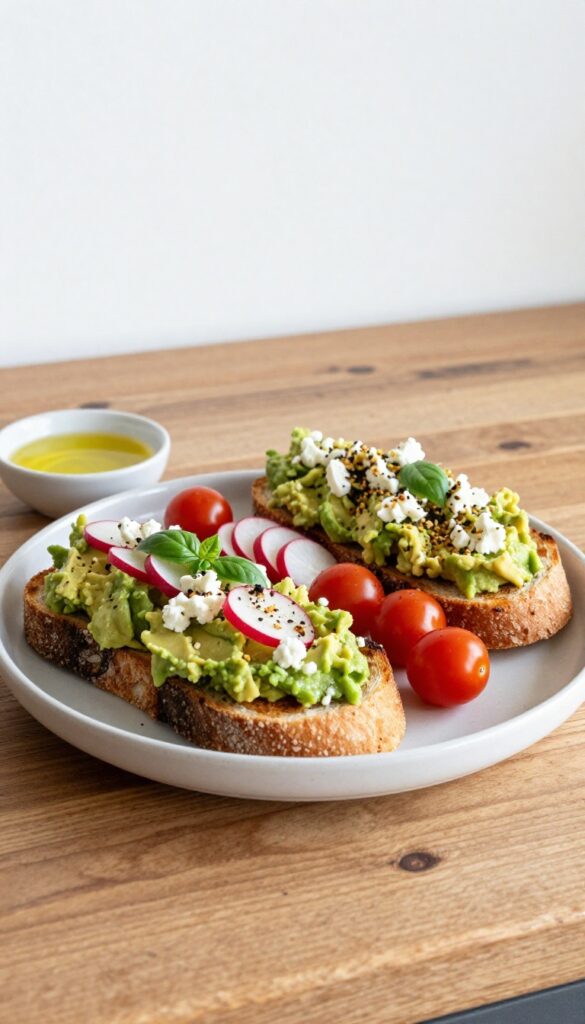 Avocado toast bar with customizable toppings on a wooden countertop
